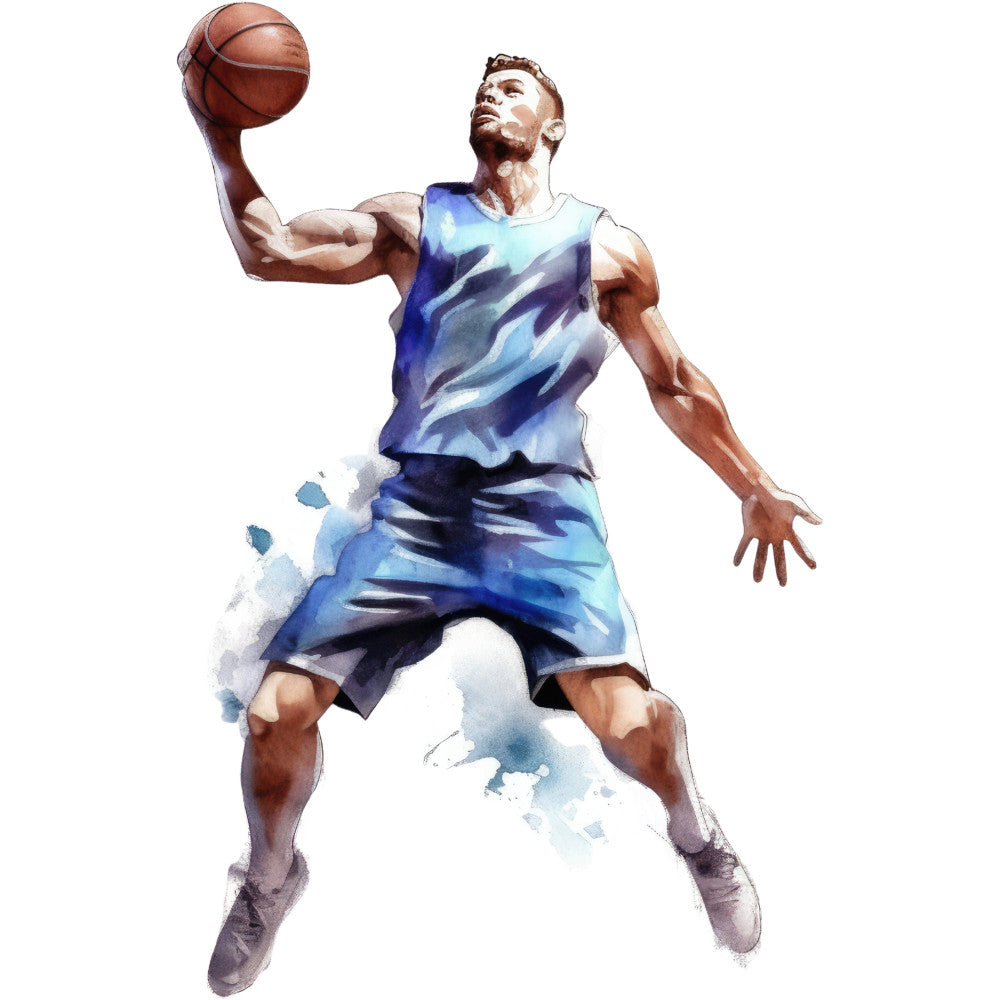 basketball, sports, athlete, blue, navy blue, light blue, watercolor, abstract, splatter, modern, dynamic, action, male figure, jumping, energetic, contemporary, artistic, painted effect, blue tones, white splatter, casual wear, sporty, youth, athletic wear, gym, fitness, movement, vibrant, casual style