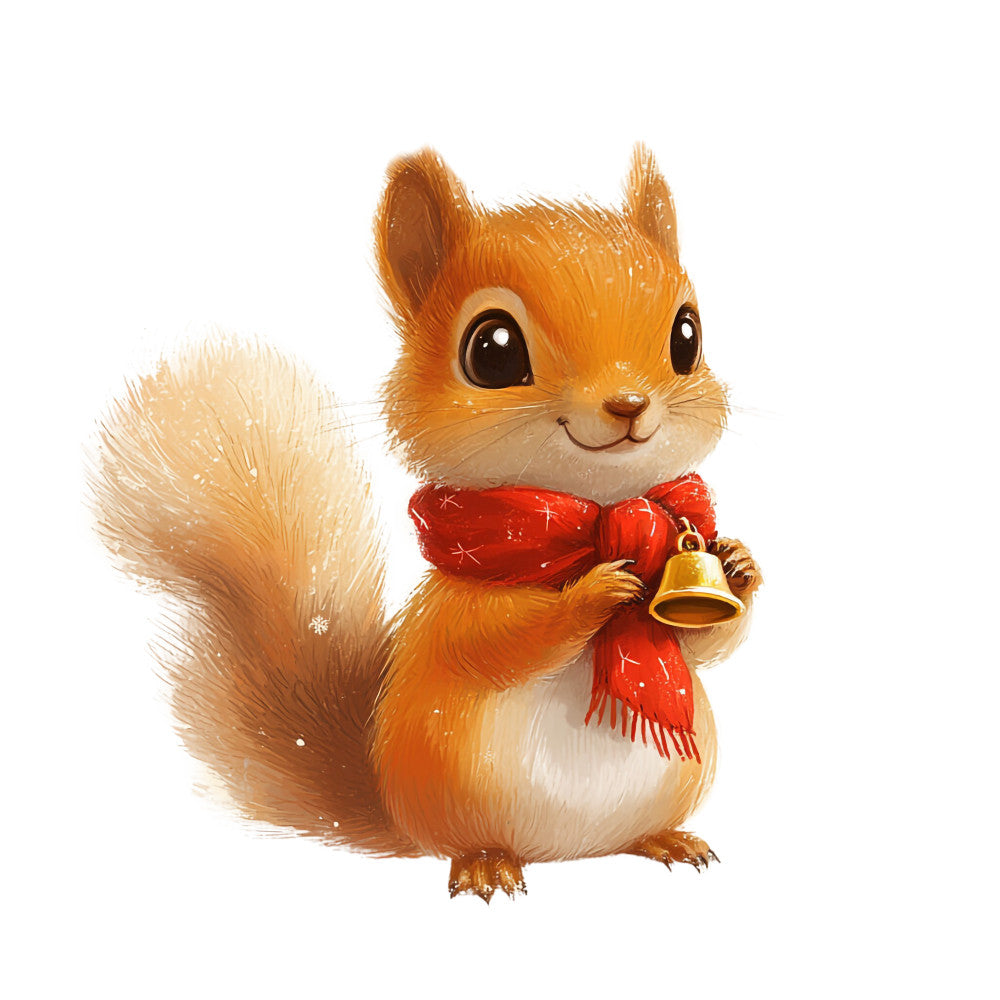 orange squirrel, red scarf, golden bell, christmas theme, winter scene, adorable animal, fluffy tail, cartoon style, fabric panel, quilting cotton, holiday motif, festive design, cute character, brown eyes, white belly, seasonal fabric, craft material, children's theme, whimsical illustration