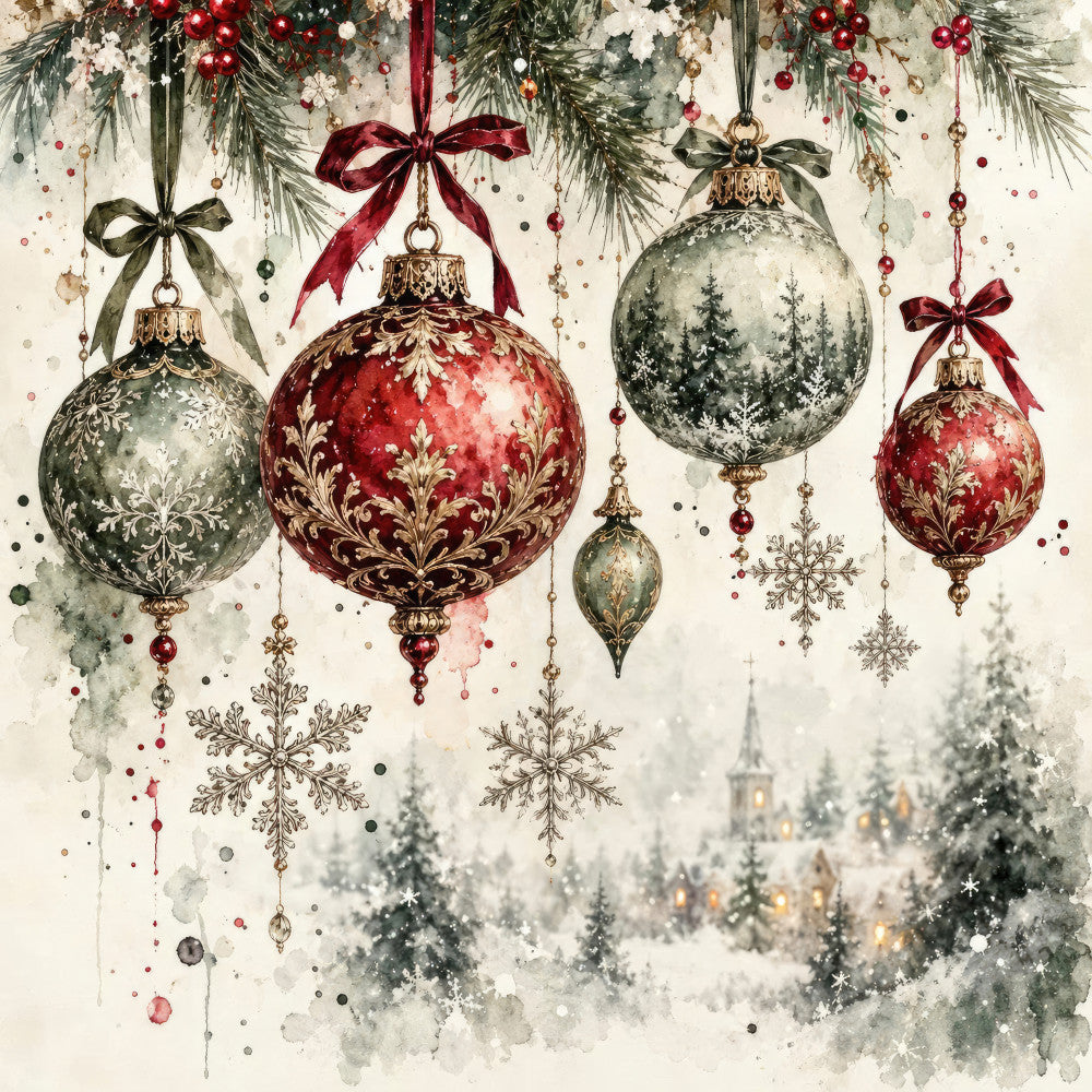 christmas, holiday, ornaments, baubles, red, burgundy, wine red, sage green, forest green, gray, silver, gold, metallic, snowflakes, winter, elegant, vintage, traditional, damask, decorative, festive, snowy landscape, trees, beads, ribbons, bows, winter scene, nostalgic, classic