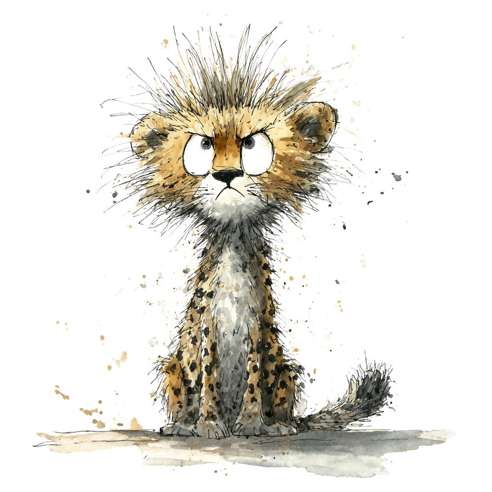cheetah, leopard, wildlife, animals, african, watercolor, whimsical, cute, funny, tan, beige, cream, black, gray, gold, spotted pattern, splatter, ink wash, modern, playful, nursery, children, kids, baby, wall art, home decor, nature, big cats, humorous, expressive eyes