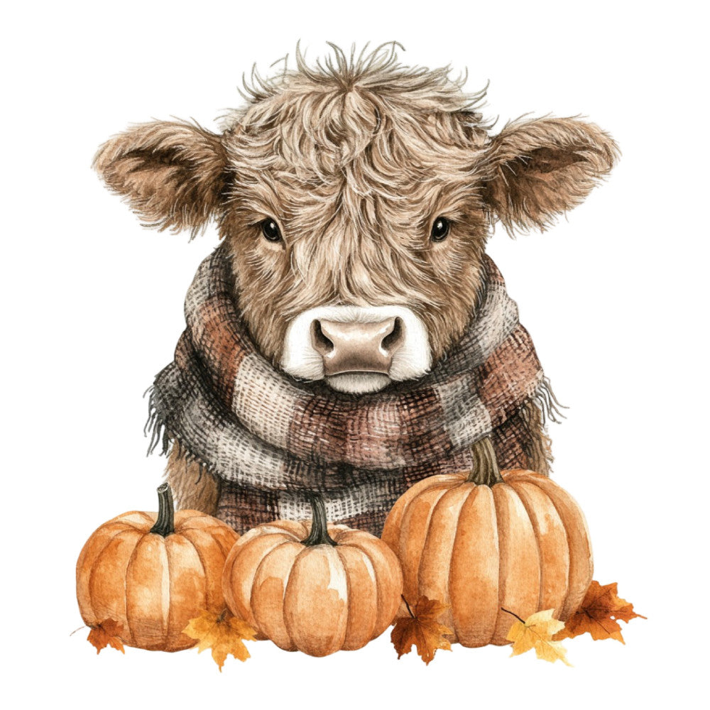 autumn cow, fall harvest, pumpkin, plaid scarf, Highland cattle, farmhouse style, rustic animal, cozy fall, thanksgiving, warm brown, cream, tan, orange pumpkins, autumn leaves, plaid pattern, checkered scarf, country style, livestock, seasonal decor, fall festival, harvest theme, warm tones, earth tones, woodland creature, cottage core, folk art, whimsical animal, fleece scarf, wall hanging, decorative panel