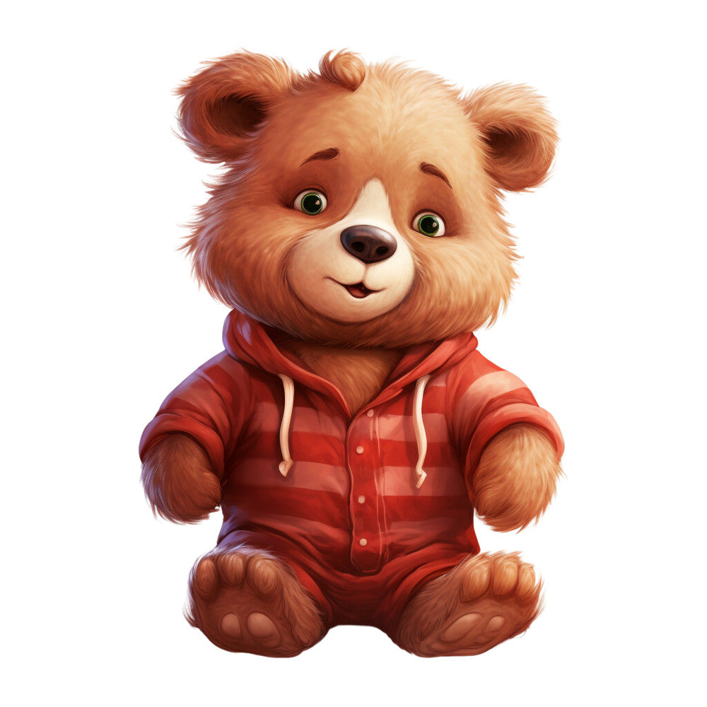 teddy bear, red pajamas, hooded onesie, brown fur, golden brown, cream colored, green eyes, cute animal, children's fabric, quilting panel, cotton fabric, nursery theme, sleepwear design, cartoon style, whimsical illustration, baby bear, soft colors, pajama party, kids decor, fabric square