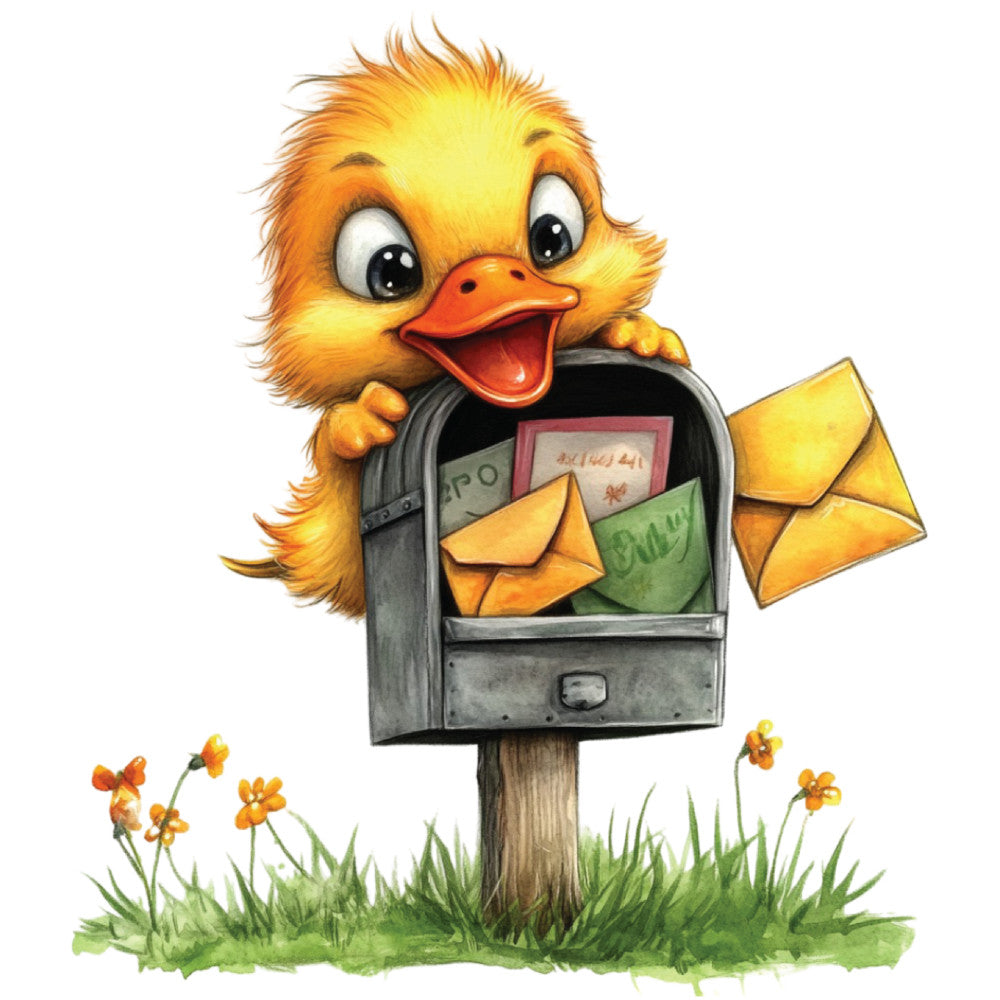whimsical duck, yellow duckling, orange beak, fluffy feathers, mailbox scene, mail delivery, fabric panel, quilting cotton, children's fabric, nursery decor, bright yellow, orange accents, green grass, small flowers, cartoon style, playful design, baby duck, postal theme, cute animal, spring colors