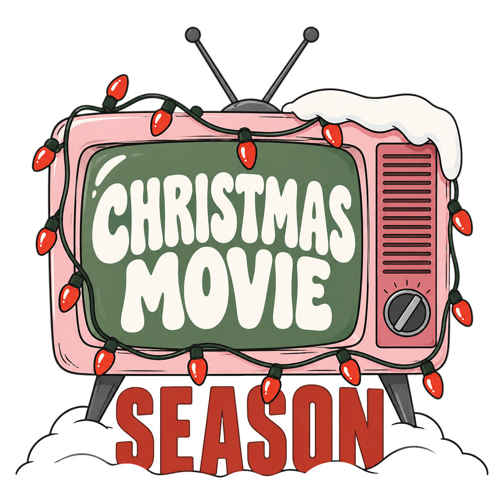christmas movie season, vintage tv, retro television, pink, forest green, cream, red, holiday, christmas, vintage style, whimsical, nostalgic, mid-century modern, decorative lights, string lights, snow, winter, festive, seasonal, christmas decor, retro aesthetic, 1950s style, pop culture, entertainment themed, cozy, warm tones, wall hanging, panel print, holiday decoration