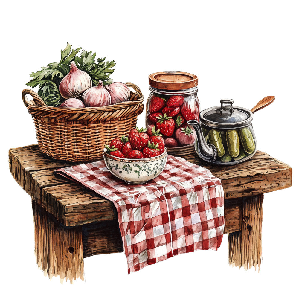rustic kitchen, wooden table, wicker basket, red checkered, gingham tablecloth, fresh strawberries, onions, leafy greens, mason jars, pickles, preserves, country farmhouse, watercolor style, cooking ingredients, fabric panel, quilting cotton, rustic brown, red white pattern, farm fresh, kitchen scene