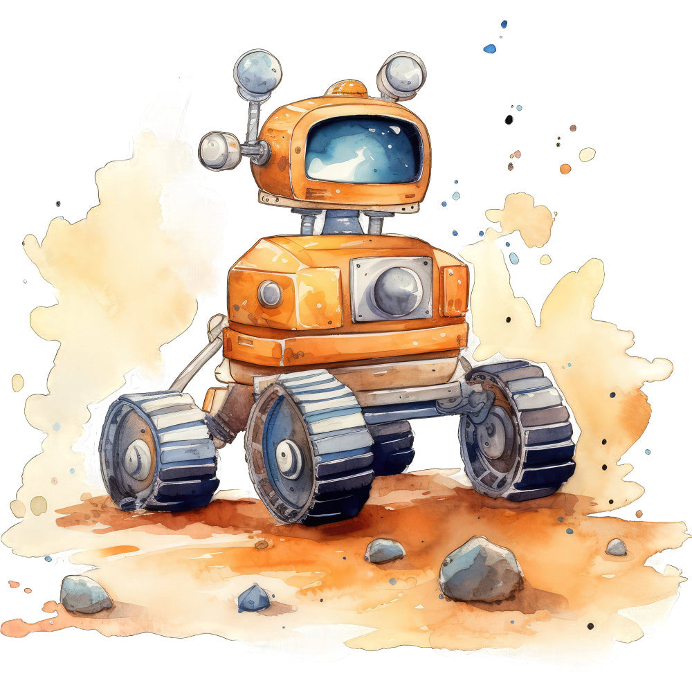 orange robot, space rover, whimsical, steampunk, retro futuristic, children's, boys, adventure, exploration, sci-fi, science fiction, desert landscape, sandy, tan, cream, blue, metallic silver, rust orange, burnt orange, mechanical, robots, vehicles, wheels, treads, tracks, clouds, dust, playful, imaginative, kid's quilt