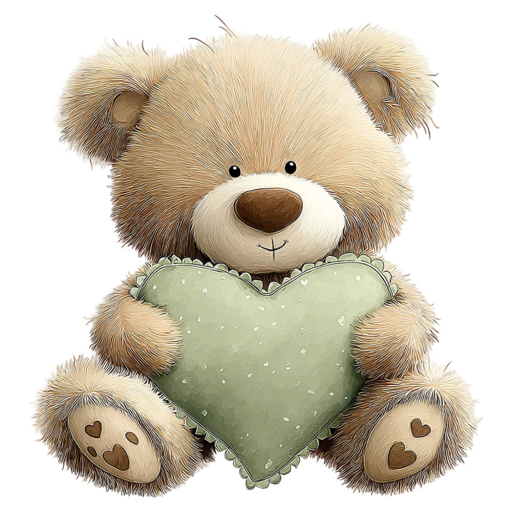 teddy bear, cute animals, sage green, cream, tan, brown, heart motif, whimsical, children's, baby, nursery, sweet, gentle, adorable, stuffed animal, hugging bear, paw prints, love themed, soft colors, pastel, kawaii, storybook, illustrated, artwork style, playroom, gender neutral, comforting, tender, cuddly