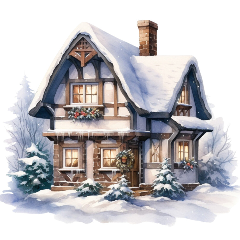 Watercolor Winter Houses Fabric Panel 13