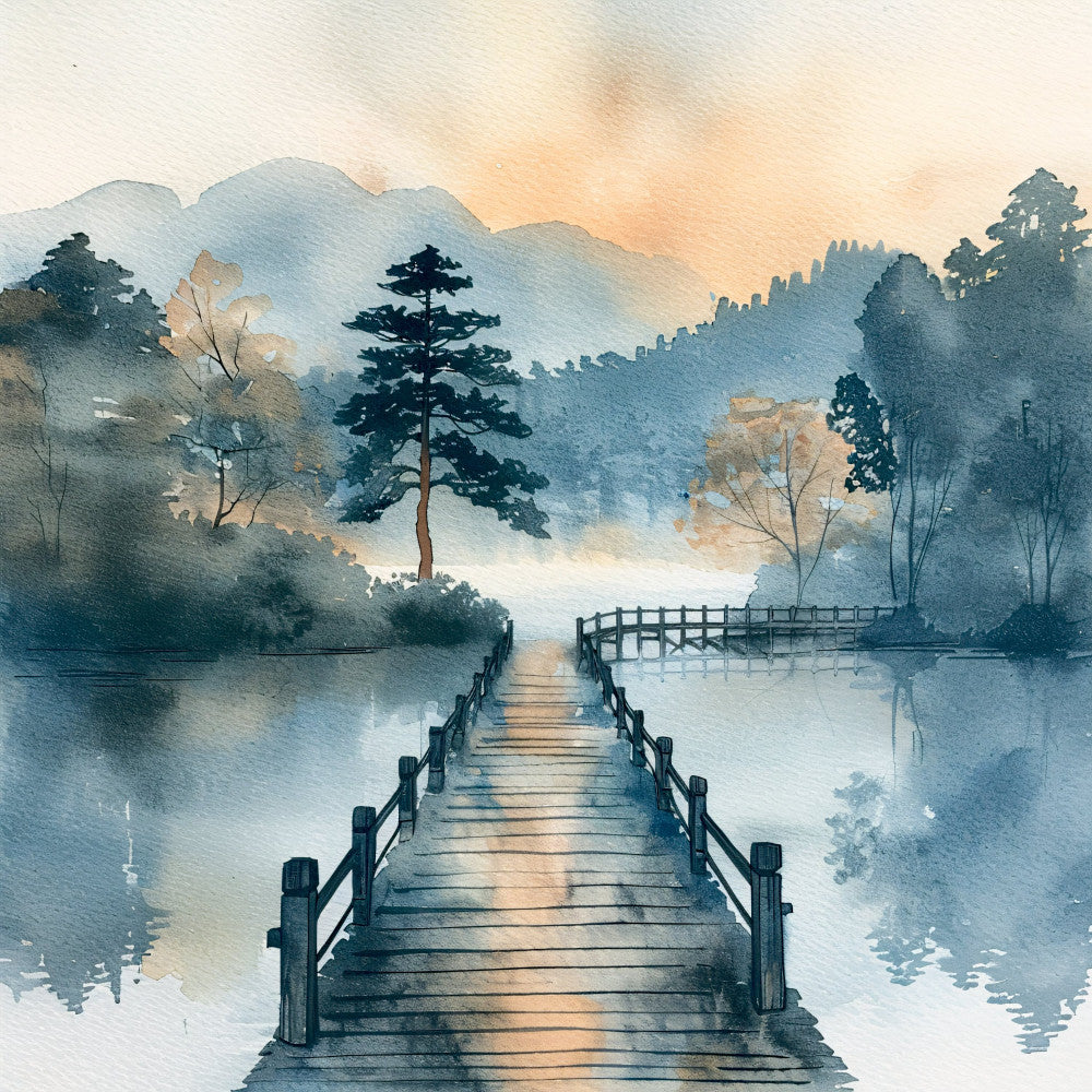 landscape, watercolor, misty, forest, mountains, peaceful, nature, serene, trees, water, lake, bridge, wooden bridge, tranquil, soft blue, dusty blue, sage green, cream, beige, zen, asian inspired, contemplative, calm, meditative, autumn, muted tones, reflections, scenic, elegant, traditional