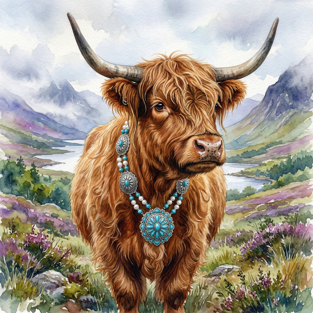 highland cattle, long horned cow, brown, tan, turquoise, teal, cream, purple heather, alpine landscape, mountain scenery, scottish, celtic jewelry, ornate medallion, pearls, beaded necklace, boho, bohemian, rustic, whimsical, nature, animals, livestock, folk art, traditional, wildflowers, heather field, pastoral, countryside, wall hanging, decorative panel
