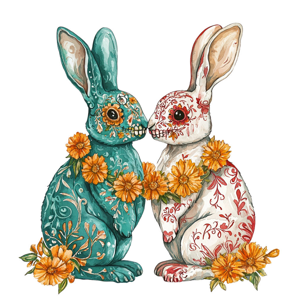 teal, cream, red, orange, golden yellow, floral, day of the dead, skull, sugar skull, rabbit, bunny, whimsical, bohemian, vintage, ornamental, decorative, gerbera daisy, flowers, botanical, folk art, mexican inspired, spring, summer, wall hanging, home decor, artistic, hand painted style, contrasting colors
