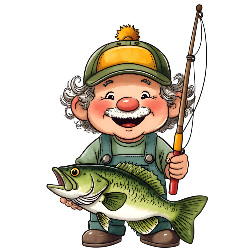 fishing, fisherman, old man, grandfather, novelty, whimsical, character, green fish, bass, humor, funny, nostalgic, vintage, outdoor, nature, recreation, hobbies, sports, forest green, golden yellow, olive green, cream white, red nose, portrait, children's, playful, rustic, folk art, traditional, leisure