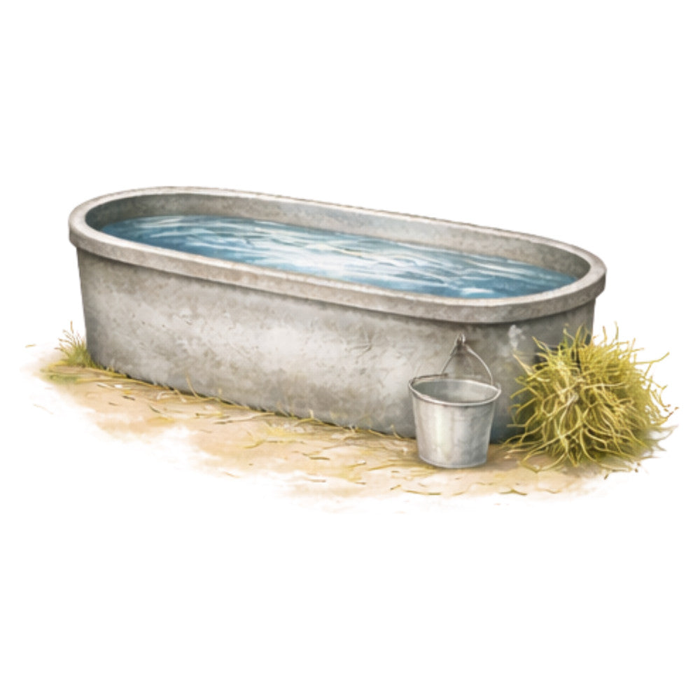 water trough, galvanized metal, rural, farmhouse, country, buckets, livestock, farm animals, barn, agriculture, rustic, vintage, gray, blue water, countryside, homestead, pastoral, ranch, western, americana, nature illustration, educational, instructional, storybook, children's, domestic life, traditional, nostalgic