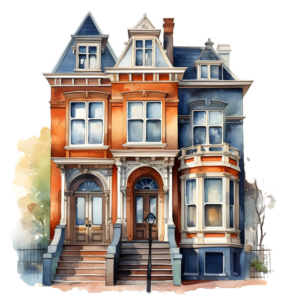 victorian architecture, brownstone, townhouse, urban buildings, historic homes, brick facade, orange brick, navy blue, cream, charcoal gray, ornate details, mansard roof, dormer windows, architectural illustration, vintage cityscape, classic american, traditional style, east coast aesthetic, row houses, detailed linework, watercolor style, heritage design, nostalgic, timeless, elegant, sophisticated, building motifs, street scene