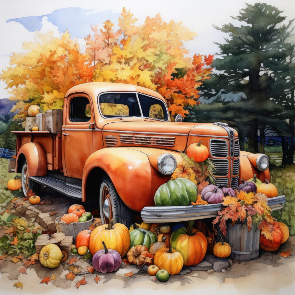 autumn harvest, fall colors, vintage truck, orange, golden yellow, rust, pumpkin, peppermint green, cream, burnt orange, rustic farmhouse, country, harvest theme, pumpkins, gourds, fall foliage, maple leaves, autumn leaves, vintage vehicles, classic truck, seasonal, thanksgiving, fall decor, autumn scene, nostalgic, retro style, countryside, farm theme, fall festival