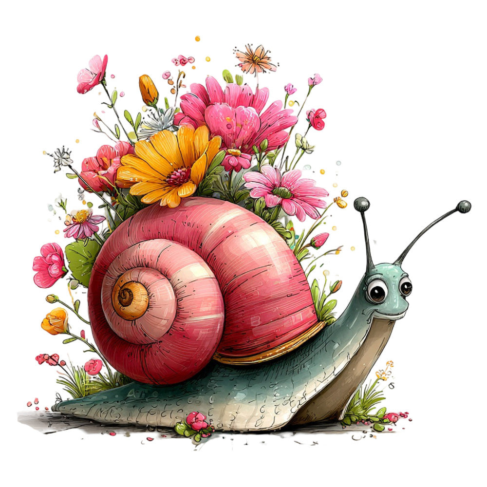 whimsical snail, coral pink, golden yellow, sage green, floral, nature, garden, animals, insects, flowers, daisies, gerberas, roses, botanical, spring, summer, whimsical style, playful, cottage core, storybook illustration, children's, nursery, decorative panel, wall hanging, cushion cover, dusty rose, cream, hand-painted, illustrated, cute creatures