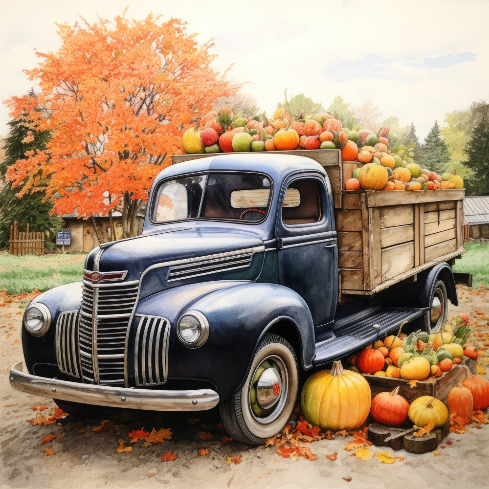 autumn, fall, vintage truck, classic car, 1940s, retro, harvest, pumpkins, farmhouse, rustic, countryside, pumpkin patch, seasonal, nature, orange, gold, yellow, navy blue, cream, pastoral, farm scene, nostalgic, americana, country, autumn leaves, wall hanging, home decor, traditional