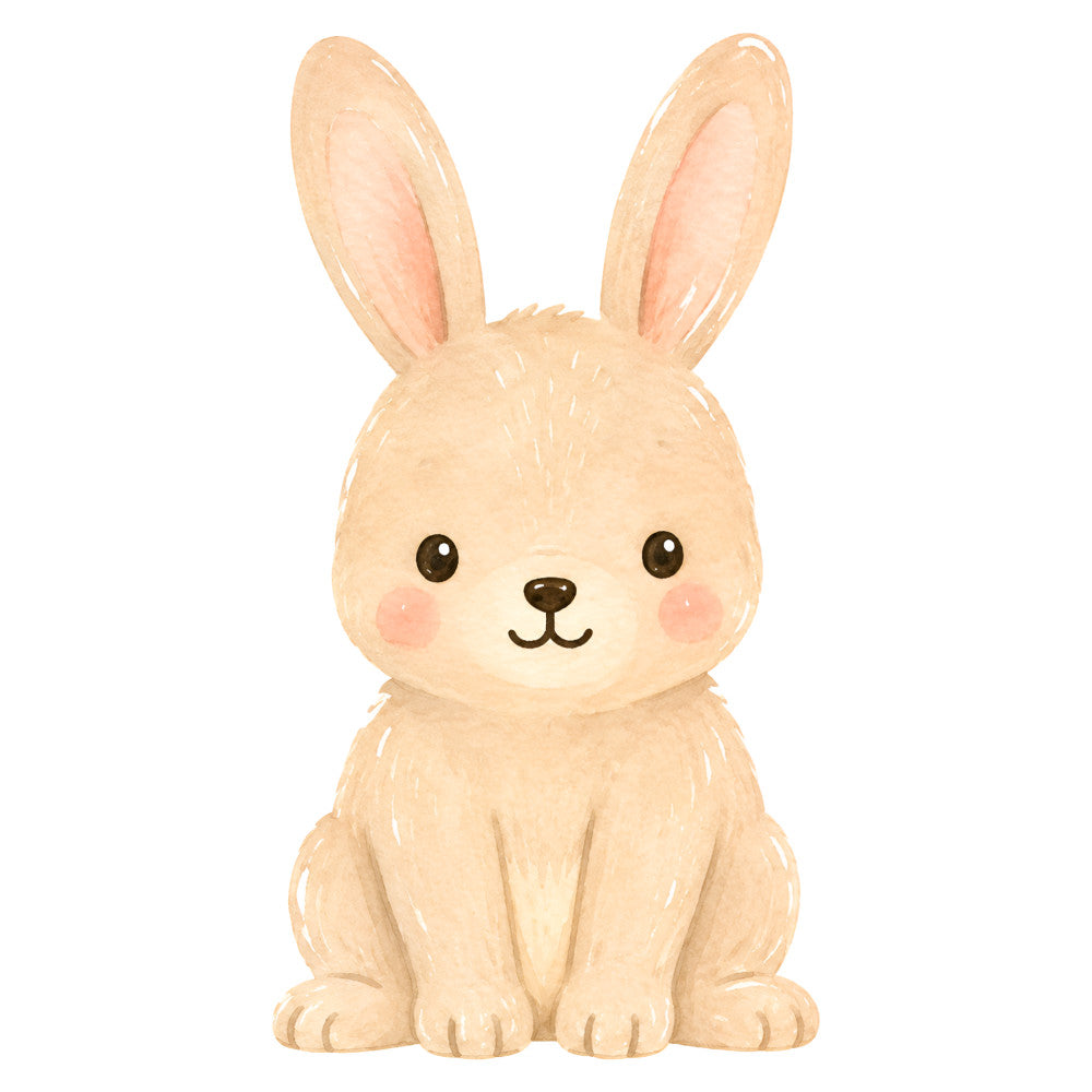 cream bunny, beige rabbit, soft peach, pale tan, cute animals, whimsical, kawaii, nursery, baby animals, springtime, easter, children's illustration, gentle expression, long ears, sitting bunny, woodland creatures, pastel colors, playful, sweet, innocent, storybook art, baby quilt, nursery decor, wall hanging, soft and cuddly, young child fabric, gender neutral, nature inspired, adorable characters, illustration style