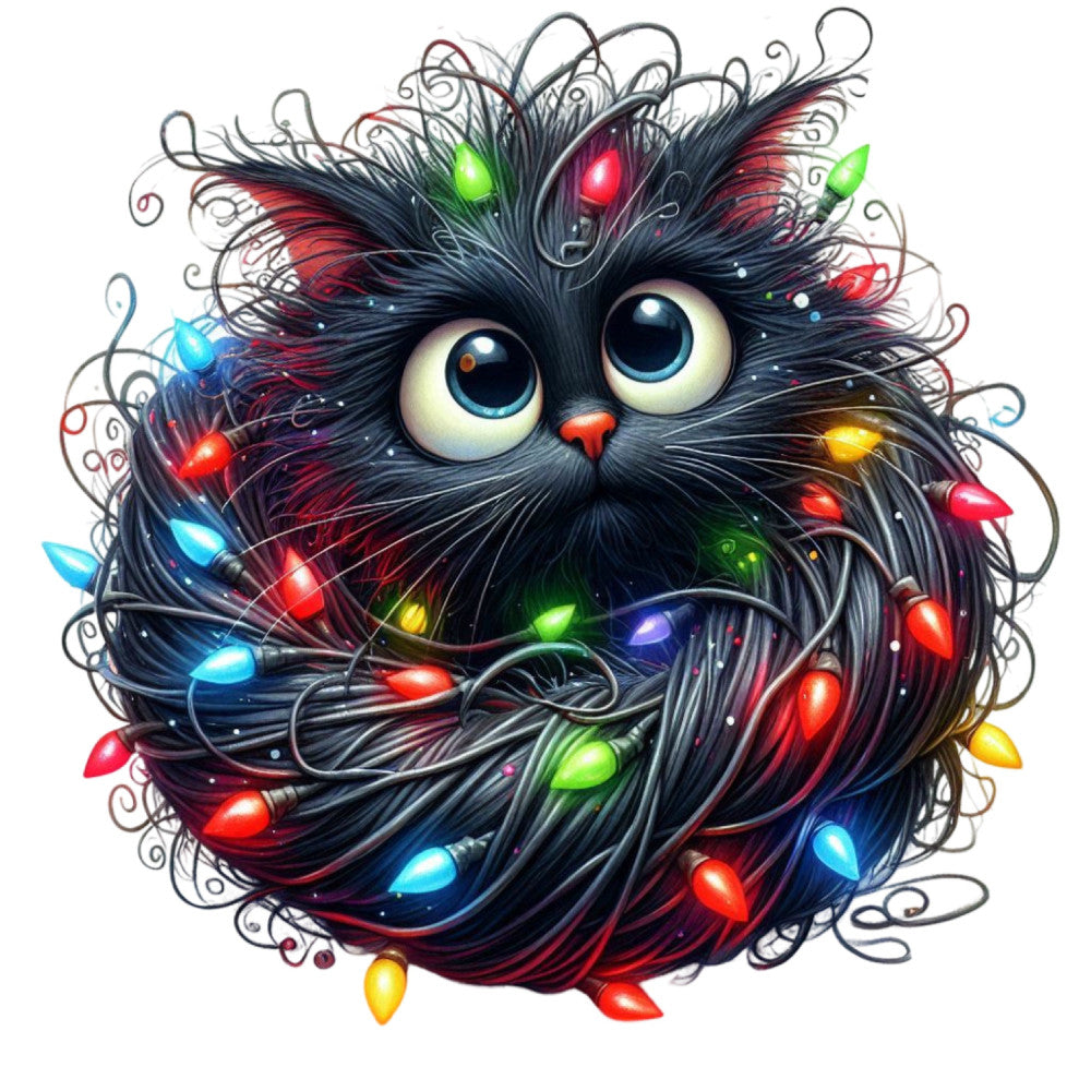 black cat, glowing eyes, colorful lights, christmas lights, holiday, festive, whimsical, cat face, illuminated, red lights, blue lights, green lights, yellow lights, magical, winter, decorative lights, dark background, playful, artistic, fantasy, creature, animal portrait, contemporary, modern art, sparkly, luminous, seasonal, celebration, quirky design