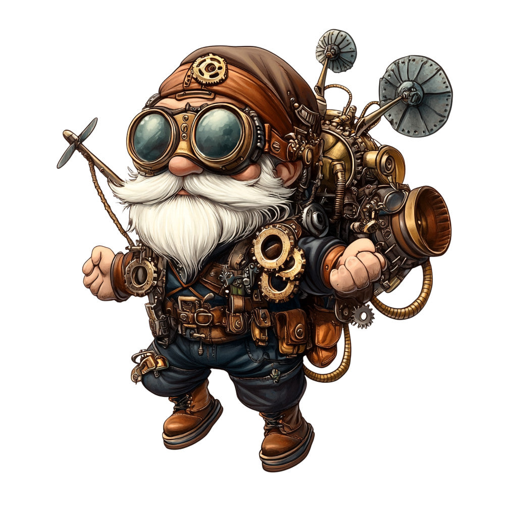 steampunk gnome, mechanical gadgets, copper brown, brass gold, teal blue, white beard, goggles, gears, clockwork, fantasy character, intricate machinery, vintage contraption, fabric panel, quilting cotton, whimsical illustration, detailed artwork, steam-powered devices, inventor gnome, metallic accents, craft fabric