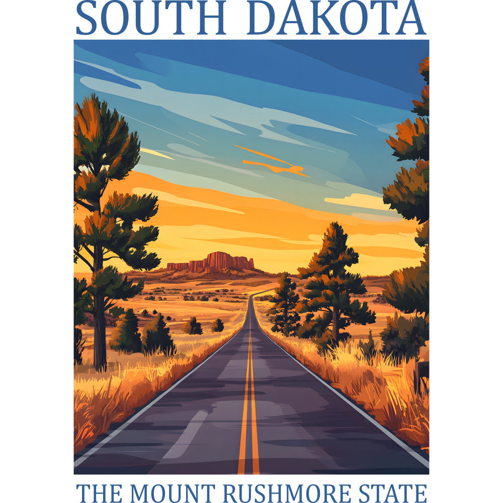 fabric panel, south dakota, vintage poster, road scene, highway, mesa formations, orange sunset, blue sky, autumn trees, desert landscape, travel art, retro illustration, cotton quilting, southwestern colors, golden yellow, rustic orange, state pride, scenic vista, mount rushmore reference, prairie grass