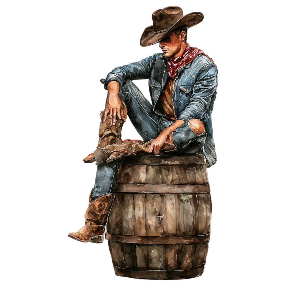 cowboy, western, denim blue, rust orange, red bandana, barrel, boots, hat, saddle, rustic, vintage, americana, country, man, portrait, figure, brown, tan, work wear, ranch, rodeo, traditional, rugged, masculinity, nostalgic, old west, character study, illustration style, wall hanging, decorative panel