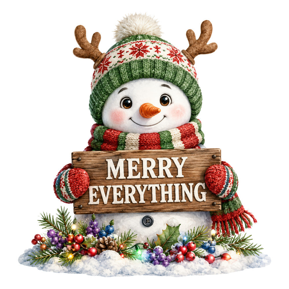 snowman, christmas, holiday, winter, festive, whimsical, cute, cheerful, red, green, cream, orange, carrot nose, knit hat, striped scarf, reindeer antlers, wooden sign, berries, evergreen, pine branches, holly, decorative, seasonal, family friendly, nostalgic, traditional, rustic charm, merry everything, children's, nursery