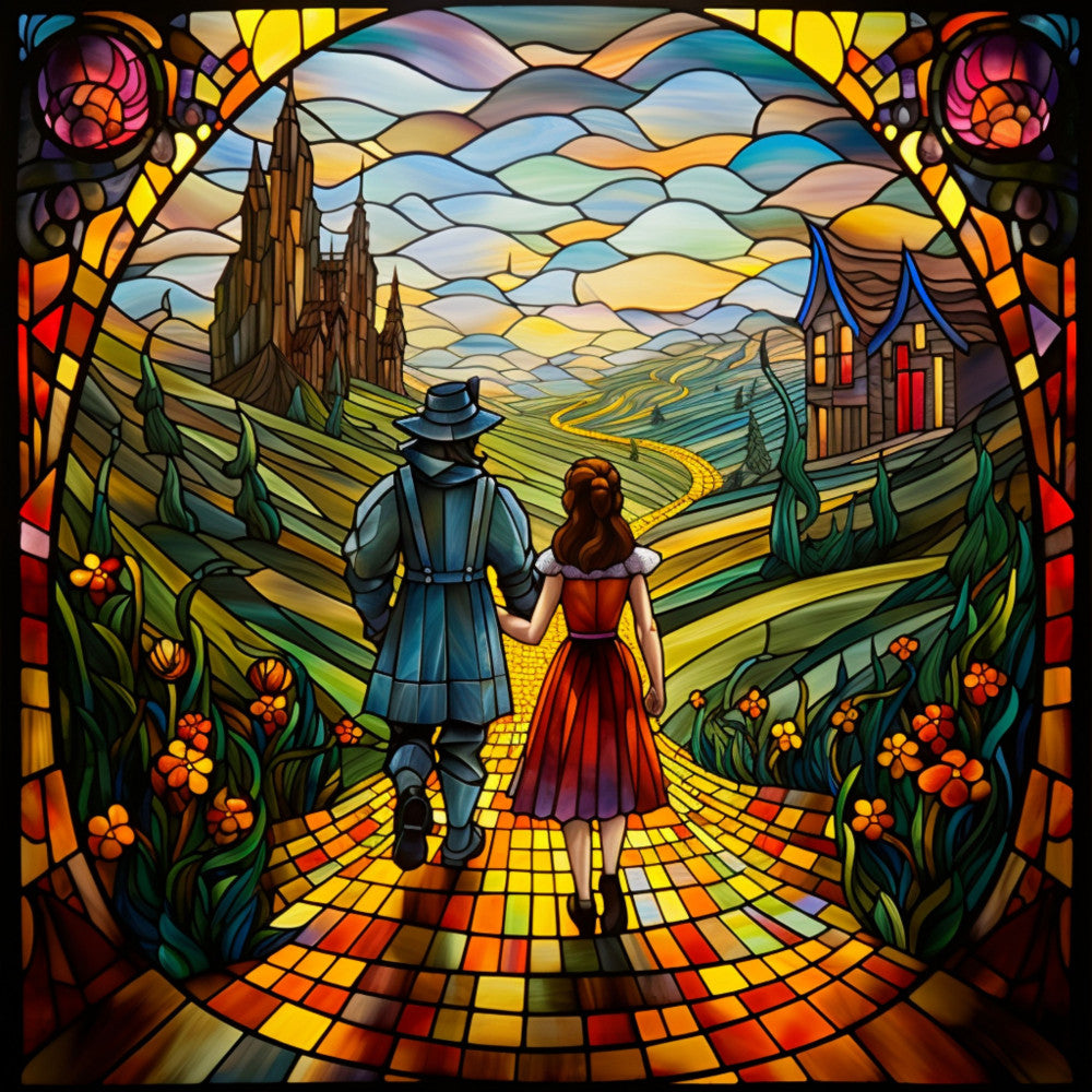 stained glass, yellow brick road, dorothy, tin man, emerald city, red dress, blue coat, fantasy scene, multicolored glass, amber yellow, deep blue, crimson red, emerald green, purple accents, fabric panel, quilting cotton, art nouveau style, floral border, castle spires, magical journey