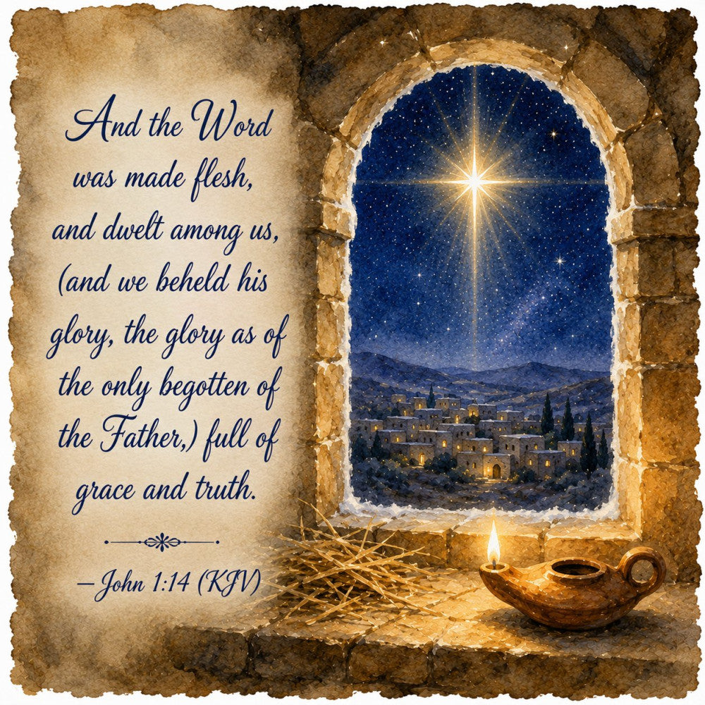 nativity, christmas, religious, spiritual, celestial, star of bethlehem, night sky, starry, nativity scene, bethlehem, manger, scripture verse, john 1:14, gold, navy blue, deep blue, cream, tan, beige, rustic, vintage, traditional, elegant, peaceful, inspirational, spiritual message, lamp, candle, ancient, biblical