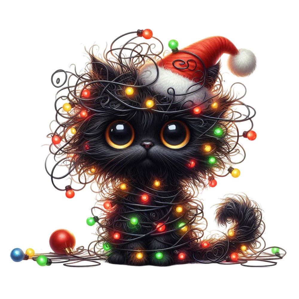 black cat, orange eyes, christmas, holiday, festive, whimsical, glowing lights, red ornaments, green ornaments, gold lights, santa hat, playful, cute animals, winter, decorative lights, string lights, magical, charming, red and gold, multicolored, kittens, pets, fun, colorful, jolly, seasonal, ornament balls, whimsy