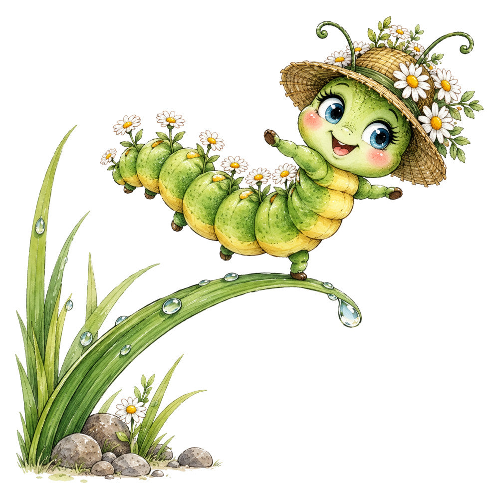 whimsical caterpillar, sage green, cream white, yellow, nature, insects, bugs, flowers, daisies, children's, storybook, fantasy, cute characters, spring, summer, garden, animal theme, playful, charming, cottage core, fairytale, kids fabric, bedding, nursery, wall art, cheerful, illustrated, folk art style, pastoral, woodland creatures