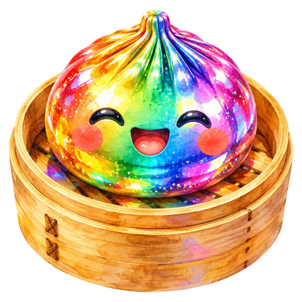 rainbow, multicolor, gradient, bright colors, vibrant, pastel rainbow, red, orange, yellow, lime green, turquoise, blue, purple, magenta, pink, whimsical, cute, kawaii, smiling face, happy character, playful, cheerful, fun, children's, kids, food themed, dumpling, asian inspired, bamboo steamer, festive