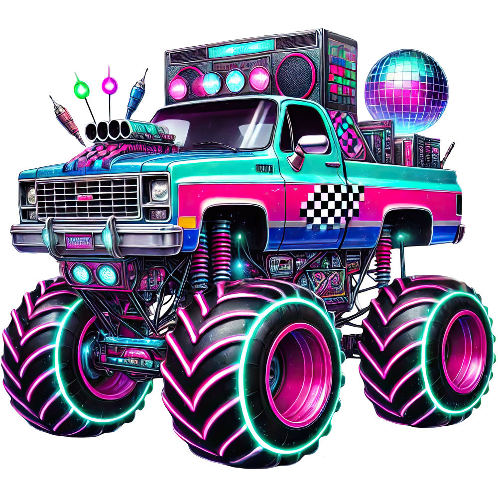 neon pink, cyan blue, magenta, turquoise, neon green, purple, retro 80s, synthwave, vaporwave, geometric, abstract, monster truck, vehicle, music, boombox, disco ball, modern, whimsical, bold, vibrant, glow effect, neon lights, party, fun, playful, music themed, entertainment, pop culture, contemporary, digital art style