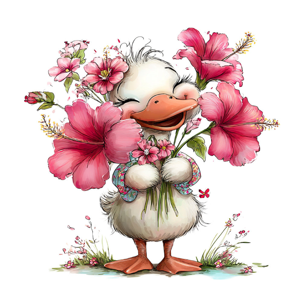 happy duck, pink flowers, coral orange, white, floral, whimsical, spring, animal, nature, cheerful, smiling duck, hibiscus, cottage core, playful, children's, pastel, cute, countryside, farmhouse, garden, botanical, yellow stamens, laughing character, folk art, illustrative, decorative, nursery, cheerful animal print