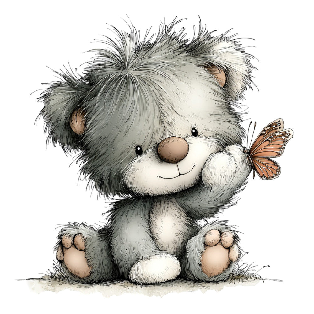 cute animal, fluffy creature, whimsical, charming, gray and white, soft gray, cream, tan, nature, butterfly, children's, baby, playful, cheerful, smiling face, innocent, gentle, woodland, storybook, illustration style, watercolor, artistic, sweet, lovable, nurturing, bedding, nursery, child's quilt, wall art, decorative panel