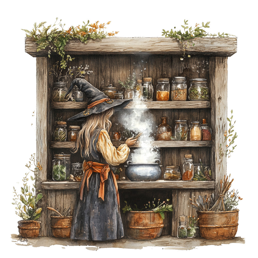watercolor, witch, apothecary, botanical, herbs, jars, cauldron, brewing, magic, potion making, autumn colors, earth tones, brown, green, orange, rustic wood, shelving, cottage core, fantasy, fabric panel, quilting cotton, mystical, herbal garden, wooden shelves, steaming cauldron, pointed hat, blonde hair, orange sash