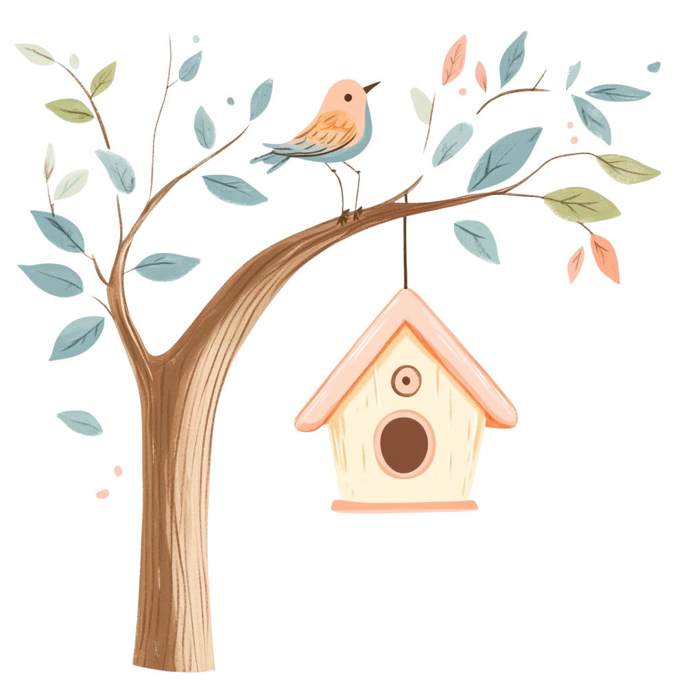 bird, birdhouse, nature, whimsical, spring, leaves, tree, pastoral, peaceful, soft colors, sage green, dusty blue, coral pink, cream, botanical, woodland, cottage core, farmhouse, rustic, gentle, sweet, garden, nesting, home, branches, foliage, spring theme, natural tones, calming, decorative panel