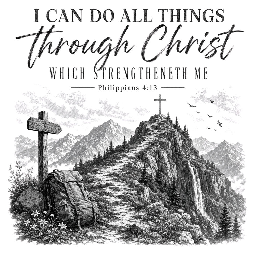 black and white, grayscale, monochrome, inspirational, religious, christian, scripture, mountain landscape, hiking, cross, spiritual, nature, adventure, wilderness, rustic, vintage, engraved, etching, birds, evergreen trees, rocky peaks, backpack, floral elements, motivational quote, faith-based, traditional, elegant, dramatic scenery, wall hanging, faith quilt
