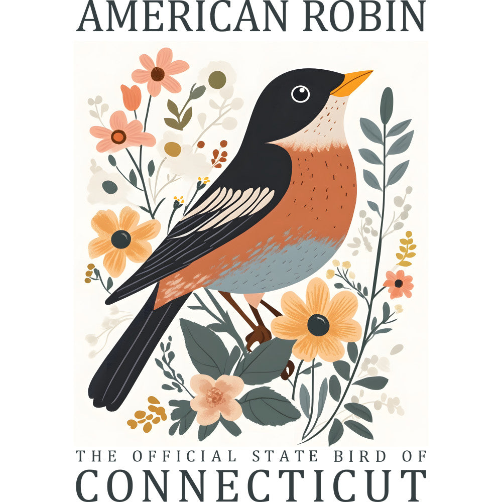 american robin, state bird, connecticut, orange flowers, coral blooms, botanical elements, green leaves, black wings, orange breast, yellow beak, fabric panel, quilting cotton, floral arrangement, spring theme, nature design, folk art style, decorative branches, berries, vintage illustration, craft panel