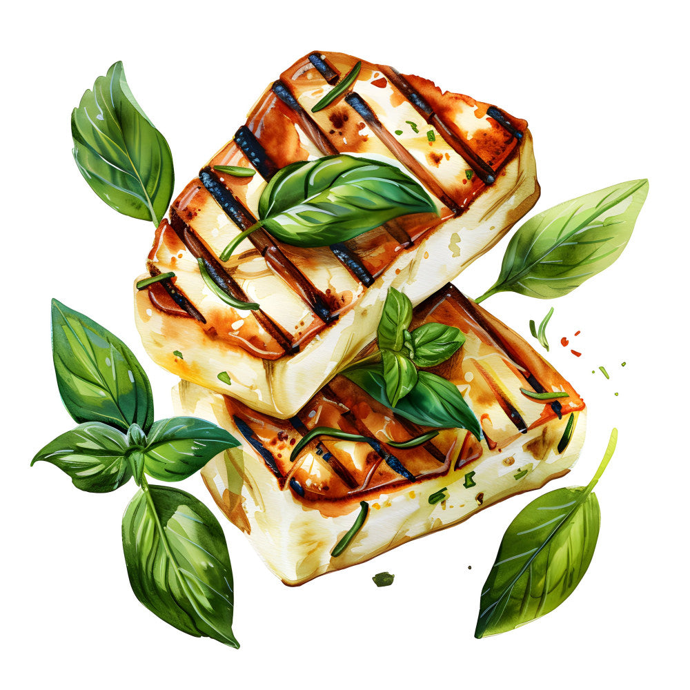 grilled cheese, food illustration, basil, fresh herbs, culinary, kitchen décor, green and cream, golden brown, charred marks, appetizer, gourmet, food art, realistic food, foodie, culinary themed, whimsical food, modern illustration, summer entertaining, table runner, kitchen wall art, contemporary art, detailed illustration, food lover gift, culinary gifts, restaurant décor, bistro style, cafe themed, artisan food, rustic modern, food design