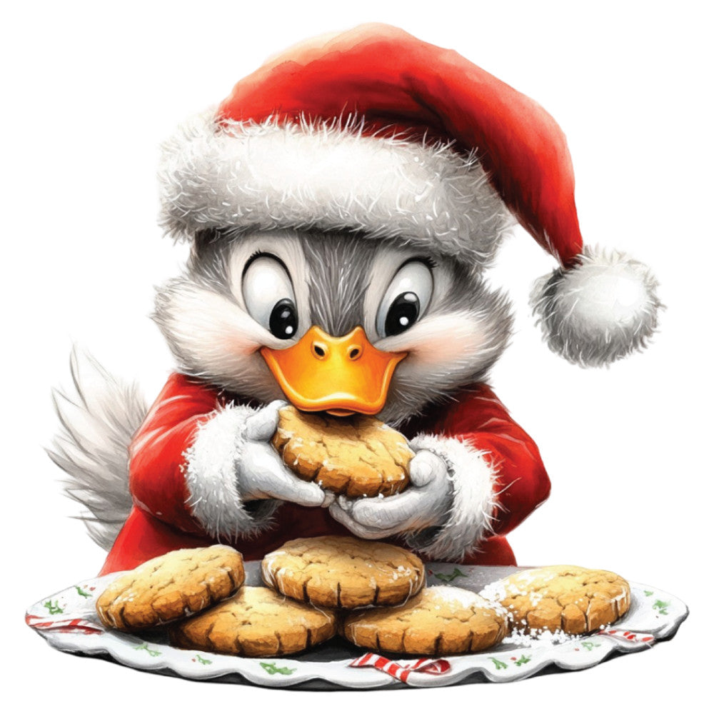 red, white, gray, orange, duck, christmas hat, santa hat, cookies, festive, holiday, winter, whimsical, cartoon style, cute character, fabric panel, quilting cotton, seasonal design, christmas theme, adorable animal, playful illustration