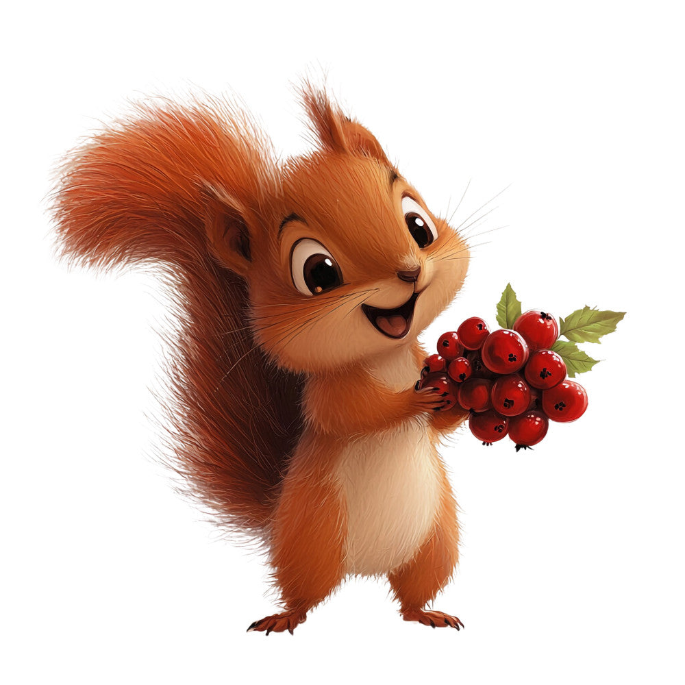 squirrel, red orange, reddish brown, cream white, berries, red berries, green leaves, woodland animal, cute character, fluffy tail, cartoon style, cheerful expression, nature theme, forest creature, fabric panel, quilting cotton, autumn colors, wildlife design, adorable animal, seasonal motif