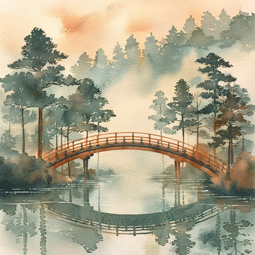 forest green, sage green, cream, beige, tan, rust orange, muted tones, watercolor, landscape, nature, trees, bridge, water, reflection, scenic, japanese inspired, zen, peaceful, serene, traditional, elegant, vintage, botanical, forest scene, architectural, rustic, calming, natural, woodland, tranquil