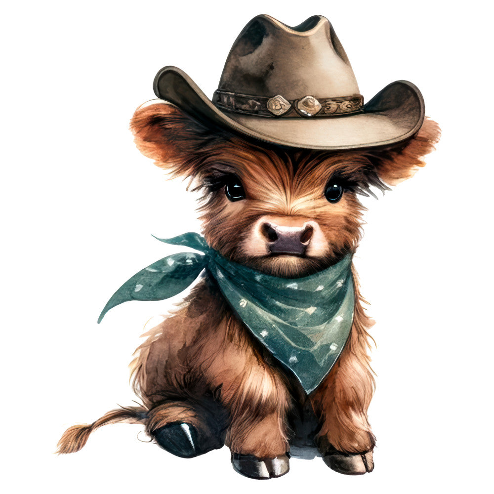 cowboy, western, highland cattle, highland cow, rustic, whimsical, farmhouse, animals, cute animals, brown, tan, cream, teal, forest green, bandana, hat, cowboy hat, country, folk art, children's, playful, novelty, character panel, livestock, farm animals, charming, illustration, painted style, vintage western