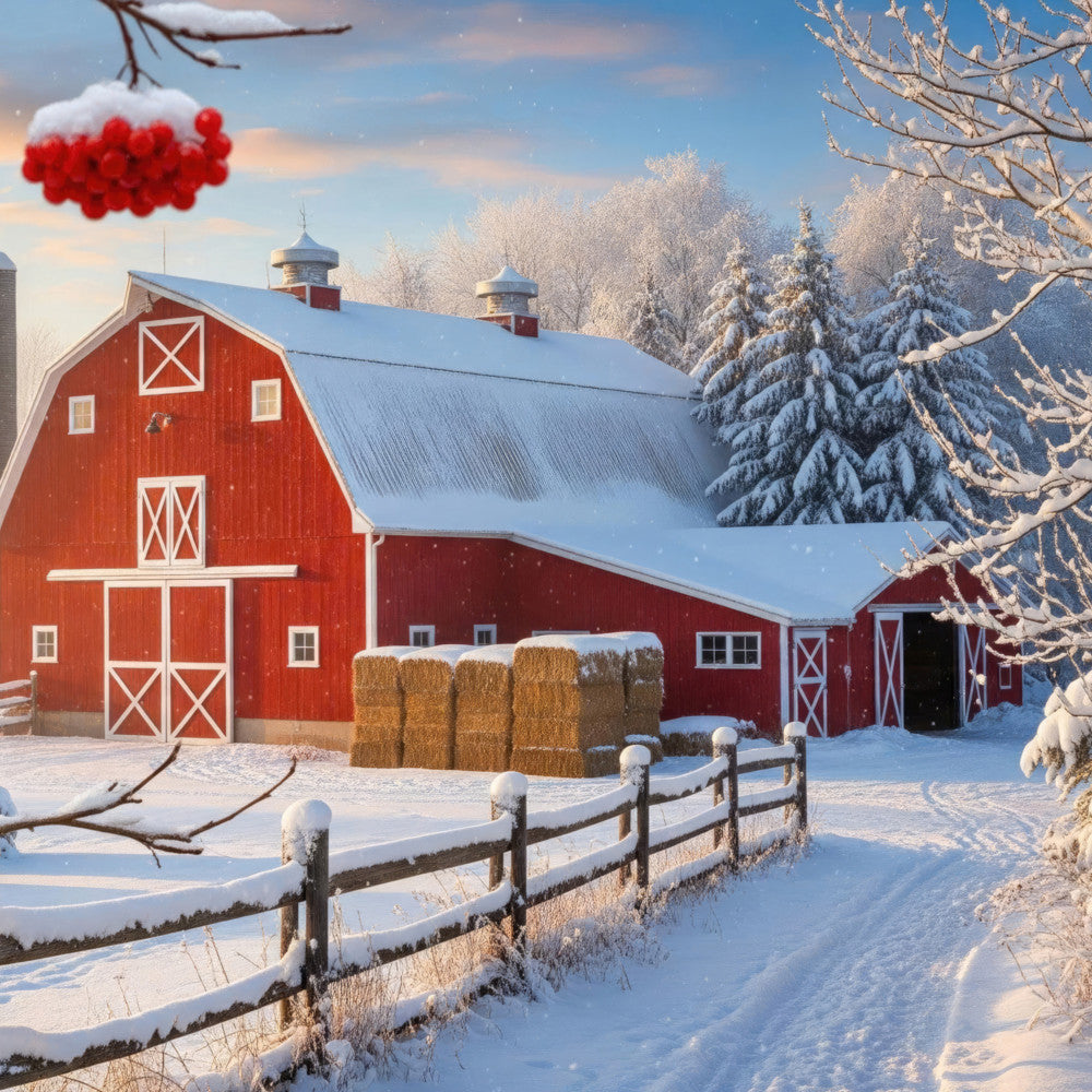winter barn, red barn, snowy landscape, farm scene, farmhouse, rustic, winter scenery, rowan berries, frost-covered trees, snow-covered trees, evergreen trees, countryside, pastoral, seasonal, winter holiday, christmas, red and white, cream, forest green, white snow, red buildings, traditional, bucolic, hay bales, wooden fence, winter wonderland, holiday decor, country living, seasonal decoration