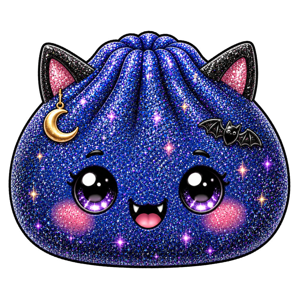 royal blue glitter, deep blue sparkle, pink glitter, black outline, cute cat face, whimsical cat, magical cat, celestial theme, moon charm, bat motif, star sparkle, purple eyes, kawaii style, fantasy animal, night sky, cosmic design, glitter texture, shimmery finish, playful expression, gothic glam, magical creature, children's design, girl's fabric, animal face panel, enchanted theme, metallic accents, dark blue with sparkle, pink cheeks, novelty print