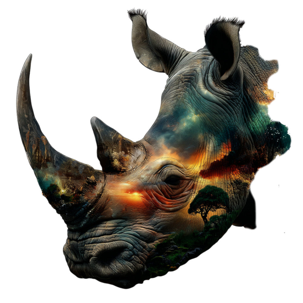 rhino, wildlife, animals, nature, double exposure, landscape, savanna, african, sunset, orange, golden yellow, deep teal, forest green, charcoal gray, burnt orange, earthy tones, abstract, artistic, modern, contemporary, elegant, majestic, dramatic, celestial, trees, acacia, silhouette, wall hanging, art panel, home decor