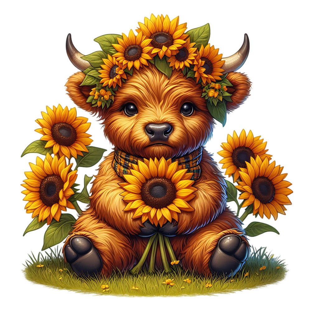 Sunflower Highland Cows Fabric Panel 19 featuring an adorable highland cow surrounded by bright sunflowers on fabric print.