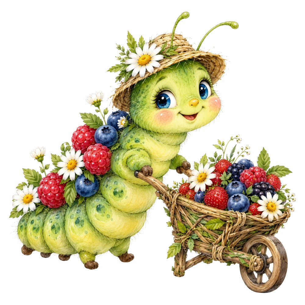 lime green, white, yellow, red, blueberry blue, chartreuse, spring, summer, whimsical, cute, playful, animals, insects, caterpillar, berries, raspberries, blueberries, strawberries, daisies, flowers, nature, garden, basket, straw hat, children, kids, baby, rustic, pastoral, enchanted