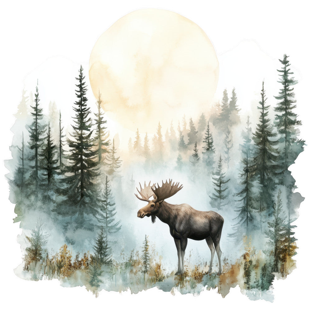 moose, wildlife scene, forest landscape, evergreen trees, pine trees, spruce trees, full moon, misty atmosphere, fog, watercolor style, nature panel, fabric panel, quilting cotton, earth tones, sage green, cream, brown, taupe, wilderness, outdoor scene, majestic antlers, standing moose, serene mood, peaceful setting